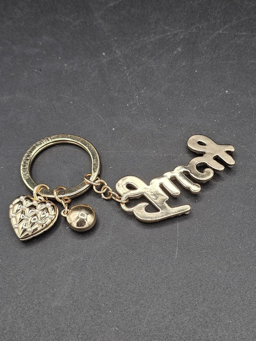 Juicy Couture Pearl Spell Out Gold Keychain Holder Filigree Heart Gem Y2k Style